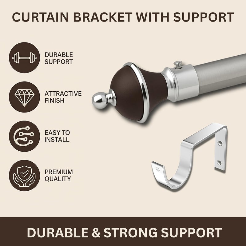 GLOXY Manjira Shape Stainless Steel & ABS Curtain Bracket Parda Holder with Support 1 Inch Rod Pocket Finials Designer Door and Window Rod Support Fittings, Curtain Rod Holder(Brown, Pair of 5) - Image 3