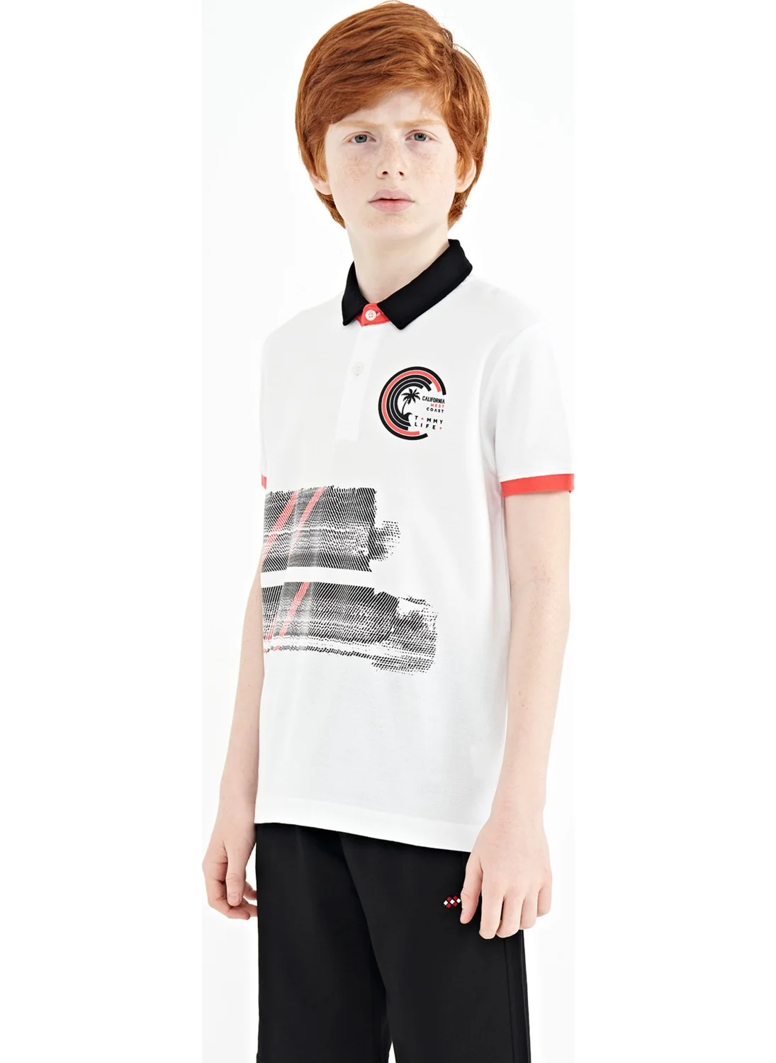 Tommy Life White Print Detailed Polo Collar Standard Size Boy T-Shirt - 11094