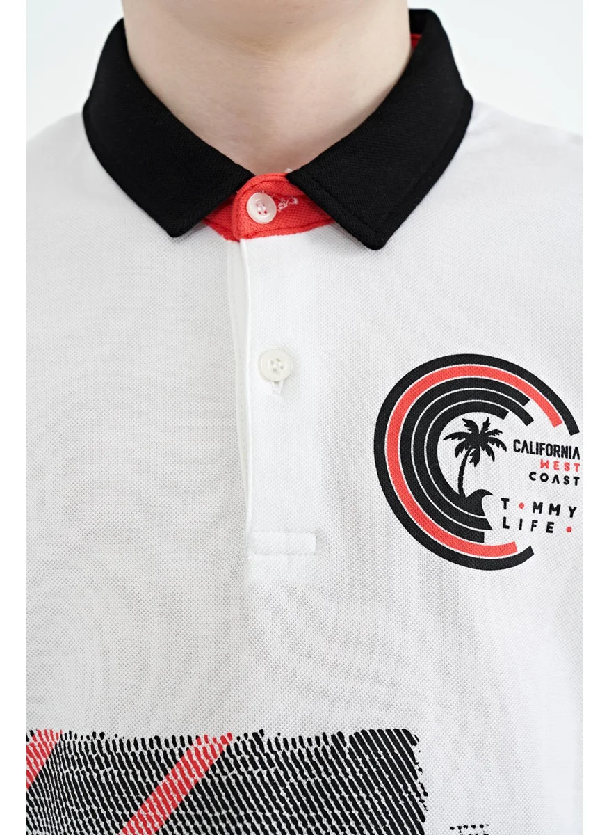 Tommy Life White Print Detailed Polo Collar Standard Size Boy T-Shirt - 11094