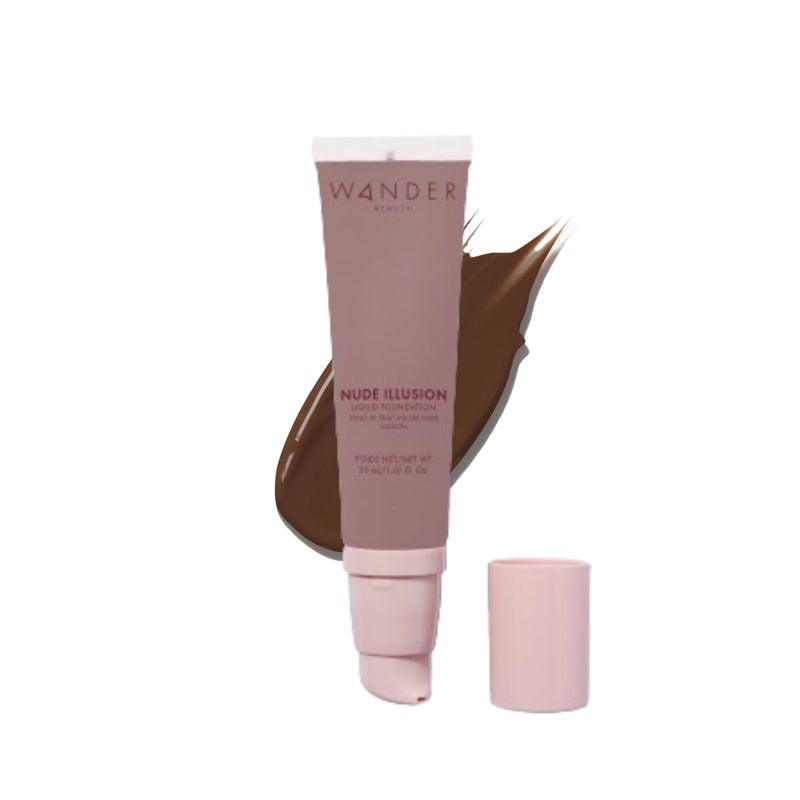 Wander Beauty Nude Illusion Liquid Foundation - Ebony - Medium to Full Coverage Foundation - Natural Makeup with Vitamin E & Macadamia - Nude Skin Finish Blurs & Conceals - Travel-Friendly- 1.01 fl oz - Image 1