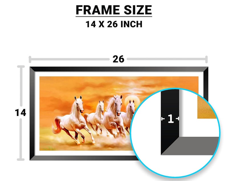 DBrush 7 Running Horse Vastu Photo Framed White Horse Religious Animal Premium Painting Sunrise Artwork Yellow Theme For Office Home Office wall decor Synthetic Wood Modern Black Frame 14 x 26 Inch - Image 2