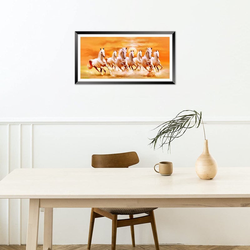 DBrush 7 Running Horse Vastu Photo Framed White Horse Religious Animal Premium Painting Sunrise Artwork Yellow Theme For Office Home Office wall decor Synthetic Wood Modern Black Frame 14 x 26 Inch - Image 4