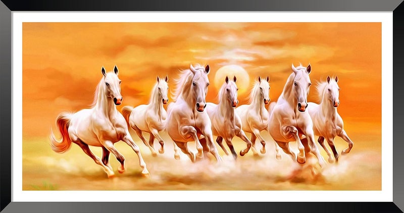 DBrush 7 Running Horse Vastu Photo Framed White Horse Religious Animal Premium Painting Sunrise Artwork Yellow Theme For Office Home Office wall decor Synthetic Wood Modern Black Frame 14 x 26 Inch - Image 1