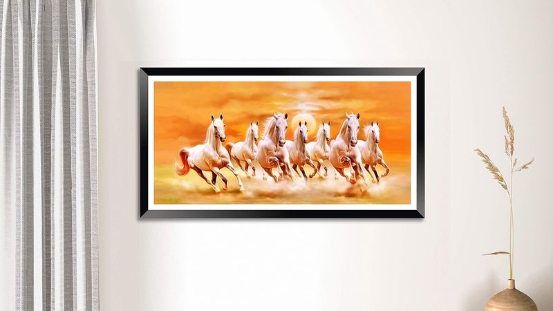DBrush 7 Running Horse Vastu Photo Framed White Horse Religious Animal Premium Painting Sunrise Artwork Yellow Theme For Office Home Office wall decor Synthetic Wood Modern Black Frame 14 x 26 Inch - Image 3