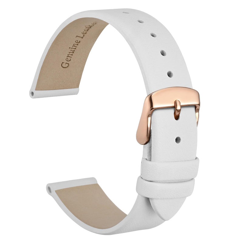 WOCCI 14mm Lug Width, Elegant Watch Band, Genuine Leather Replacement Strap with Rose Gold Buckle (White) - Image 1