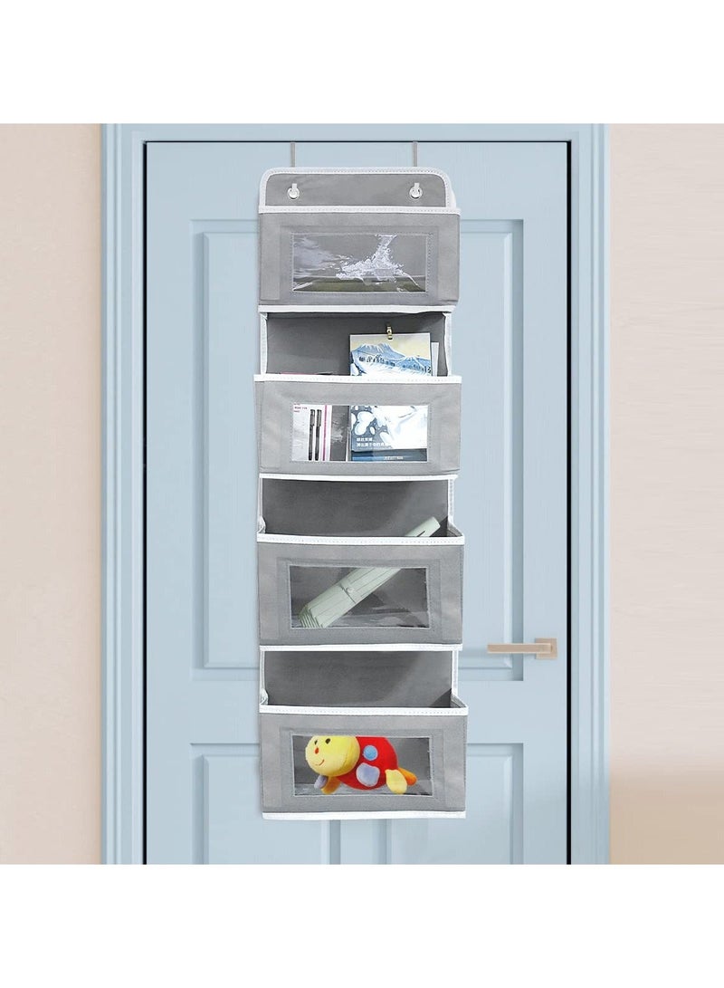 NIBEMINENT SYOSI 4 Pockets Over Door Storage Organiser, Fabric Foldable Hanging Organizer Bin Hanger with Clear Window for Pantry Baby Nursery Bathroom (Grey) - Image 2