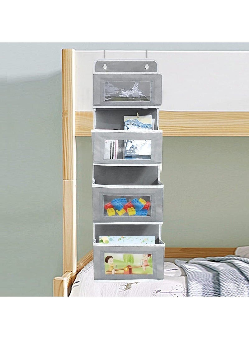 NIBEMINENT SYOSI 4 Pockets Over Door Storage Organiser, Fabric Foldable Hanging Organizer Bin Hanger with Clear Window for Pantry Baby Nursery Bathroom (Grey) - Image 4