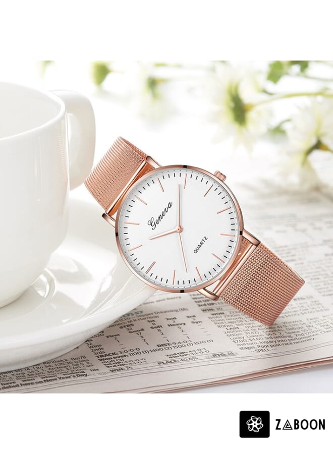 Zaboon Geneva Fashion Quartz Watch Men Women Mesh Stainless Steel Watchband(Rose gold shell black dial Rose gold needle) - Image 4