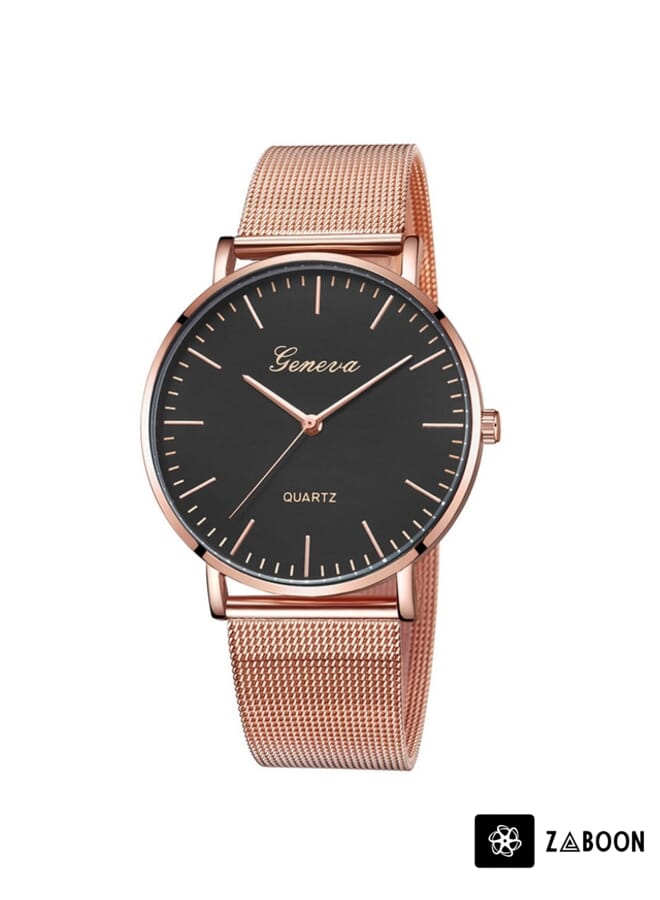 Zaboon Geneva Fashion Quartz Watch Men Women Mesh Stainless Steel Watchband(Rose gold shell black dial Rose gold needle) - Image 1