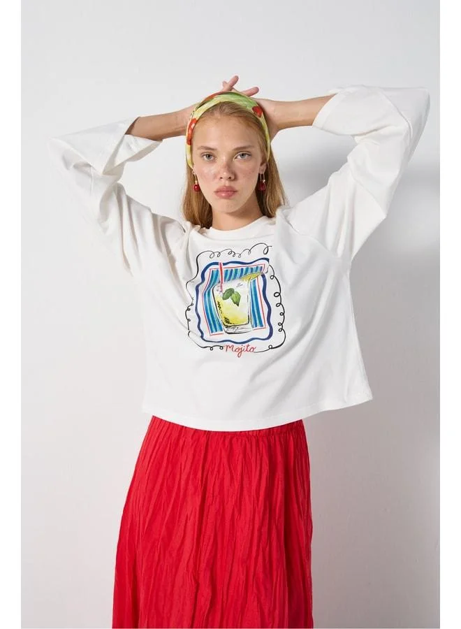 mina aise Women's Beige Wide Sleeve Oversized Printed T-Shirt 31212.