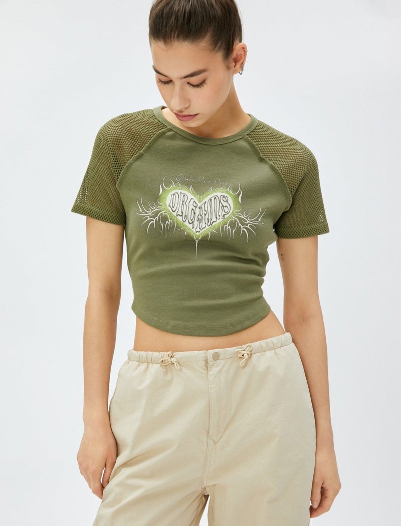 KOTON Crop T-Shirt Printed Mesh Detailed Crew Neck Cotton - Image 1
