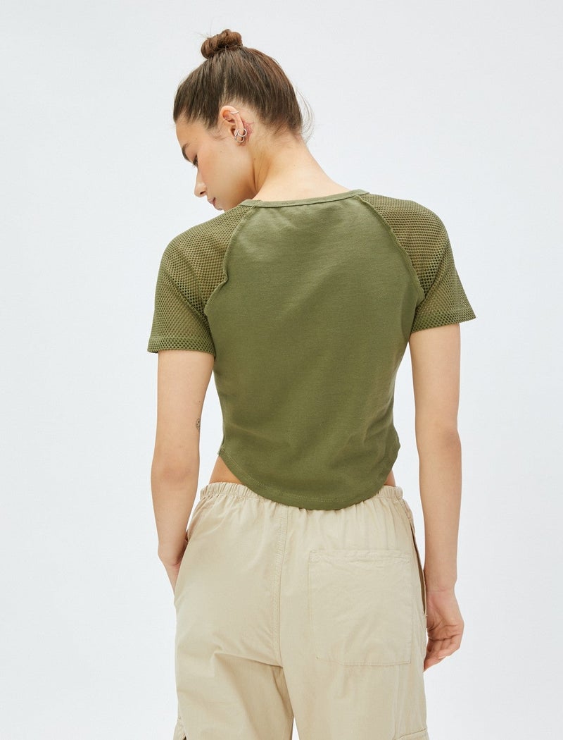 KOTON Crop T-Shirt Printed Mesh Detailed Crew Neck Cotton - Image 4