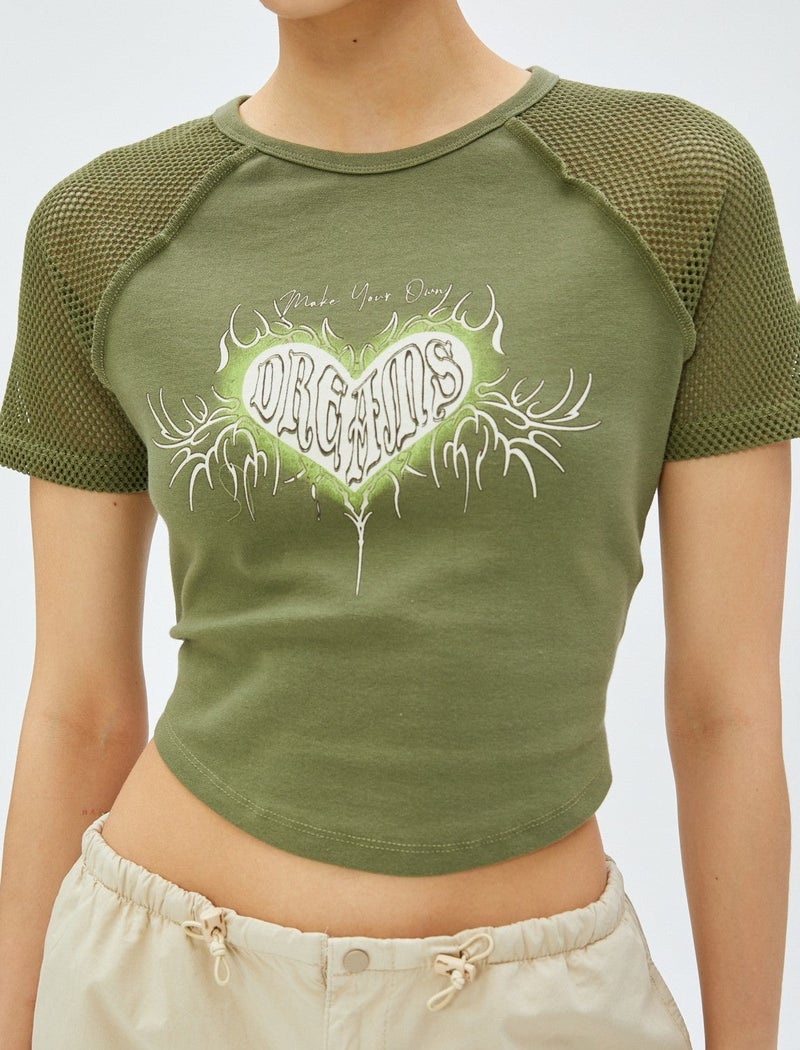KOTON Crop T-Shirt Printed Mesh Detailed Crew Neck Cotton - Image 5