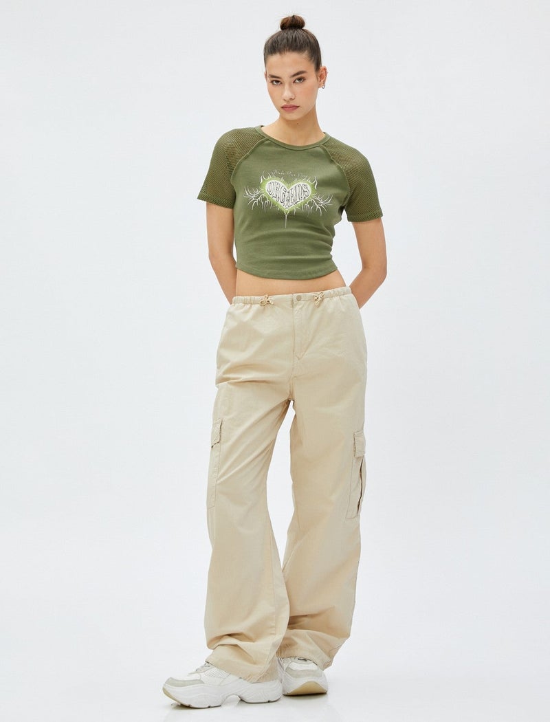 KOTON Crop T-Shirt Printed Mesh Detailed Crew Neck Cotton - Image 2