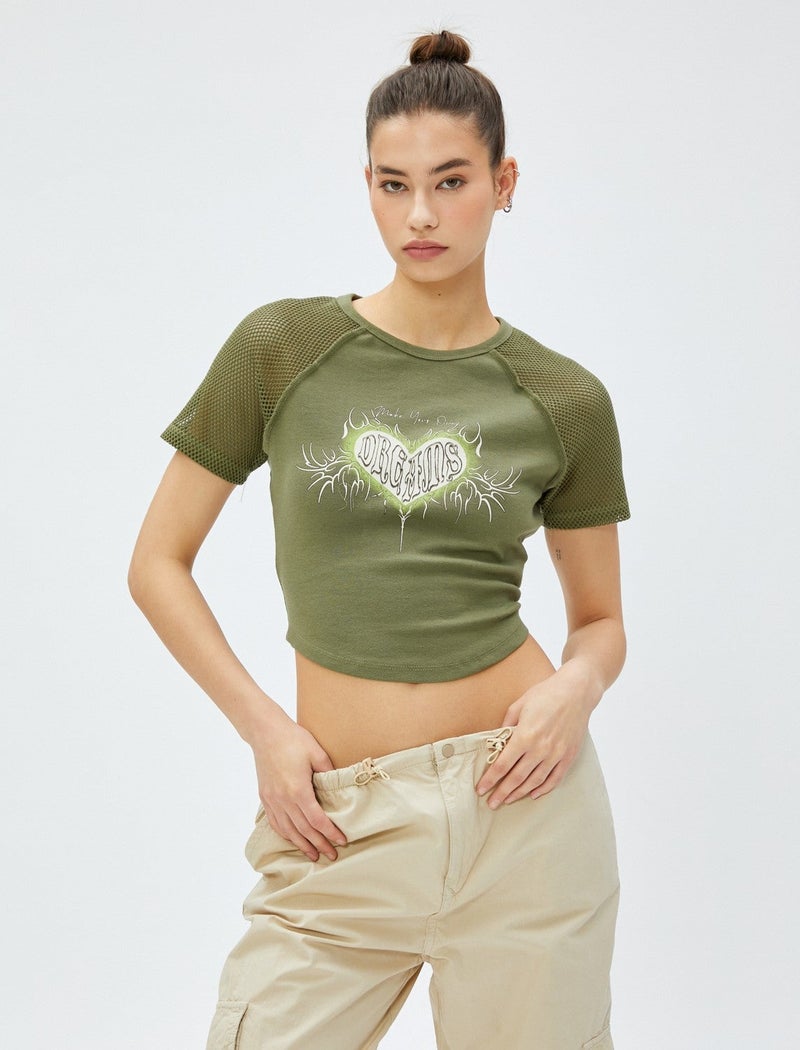 KOTON Crop T-Shirt Printed Mesh Detailed Crew Neck Cotton - Image 3
