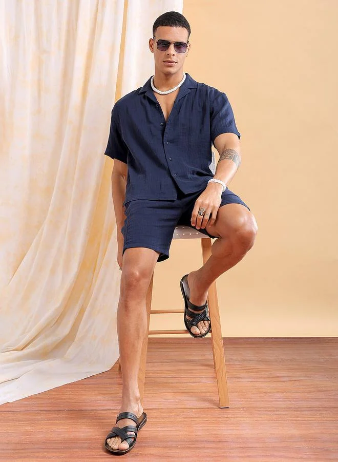 The Indian Garage Co Men Navy Solid Cotton Shirt and Shorts Set