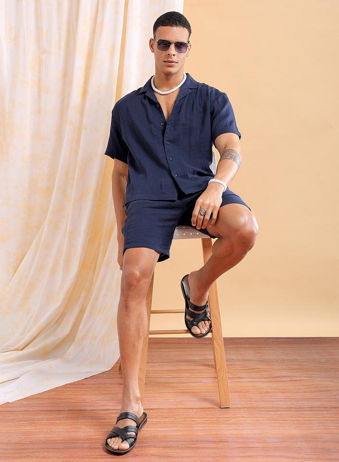 The Indian Garage Co Men Navy Solid Cotton Shirt and Shorts Set - Image 2
