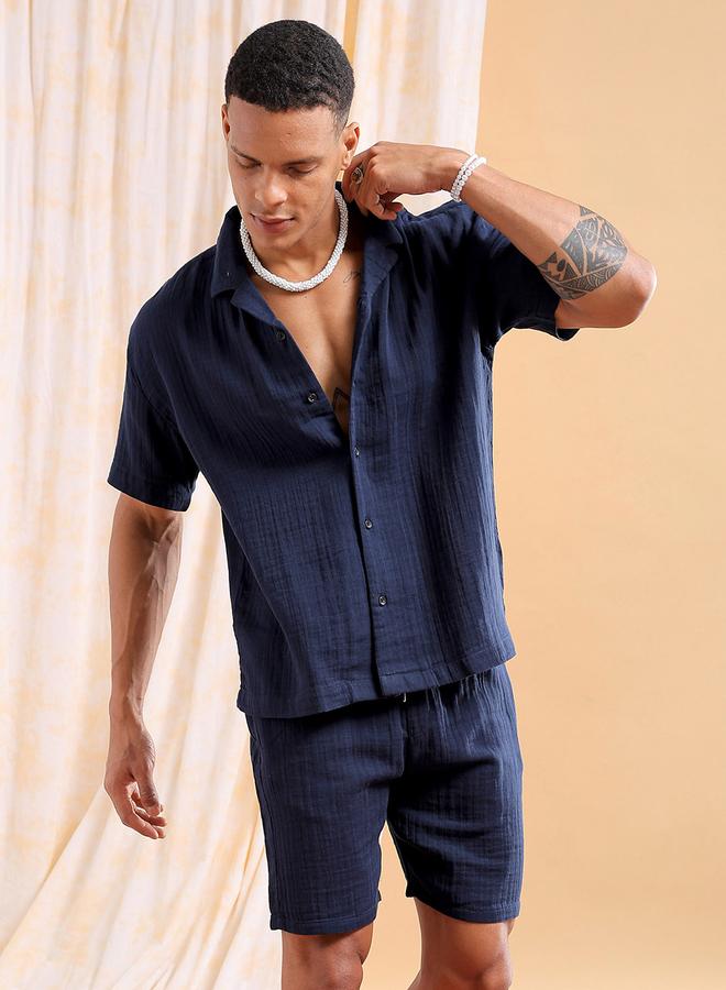 The Indian Garage Co Men Navy Solid Cotton Shirt and Shorts Set - Image 1