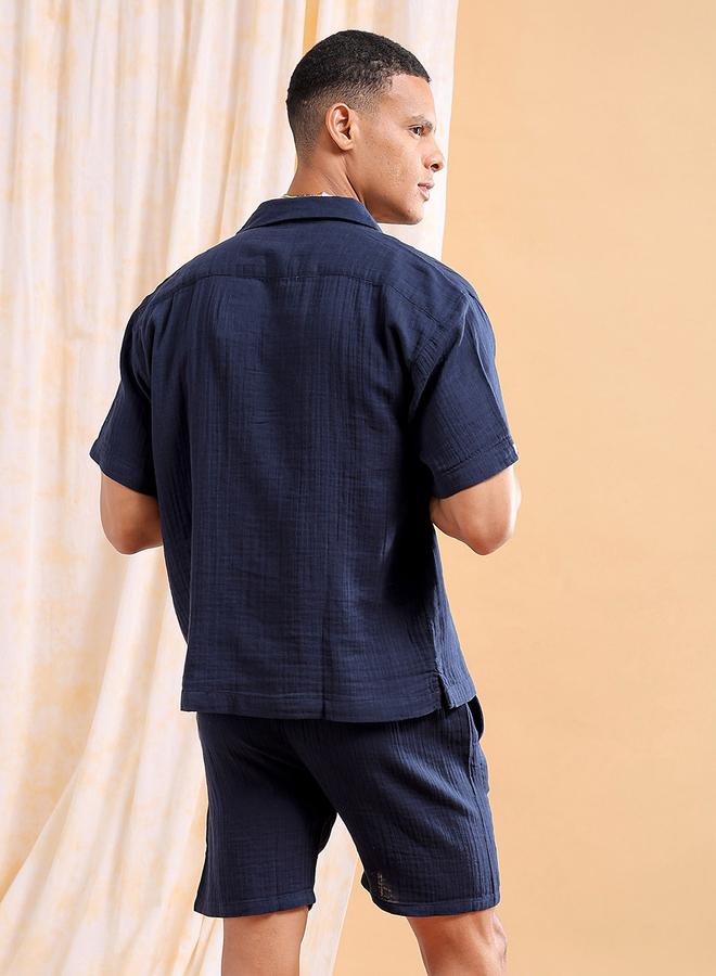 The Indian Garage Co Men Navy Solid Cotton Shirt and Shorts Set - Image 4