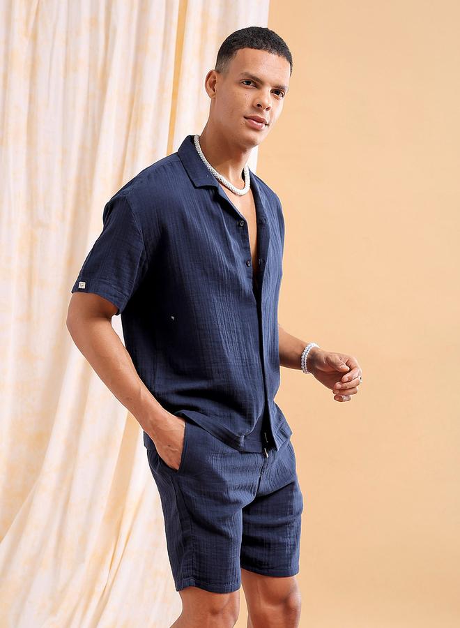 The Indian Garage Co Men Navy Solid Cotton Shirt and Shorts Set - Image 3