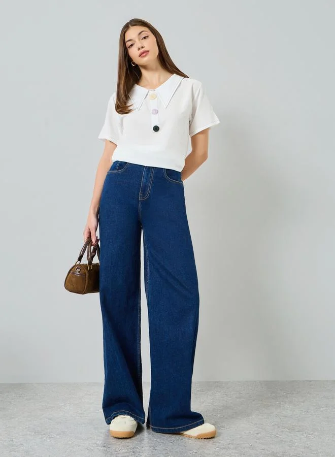 Styli White Short Sleeve Top with Button Detail