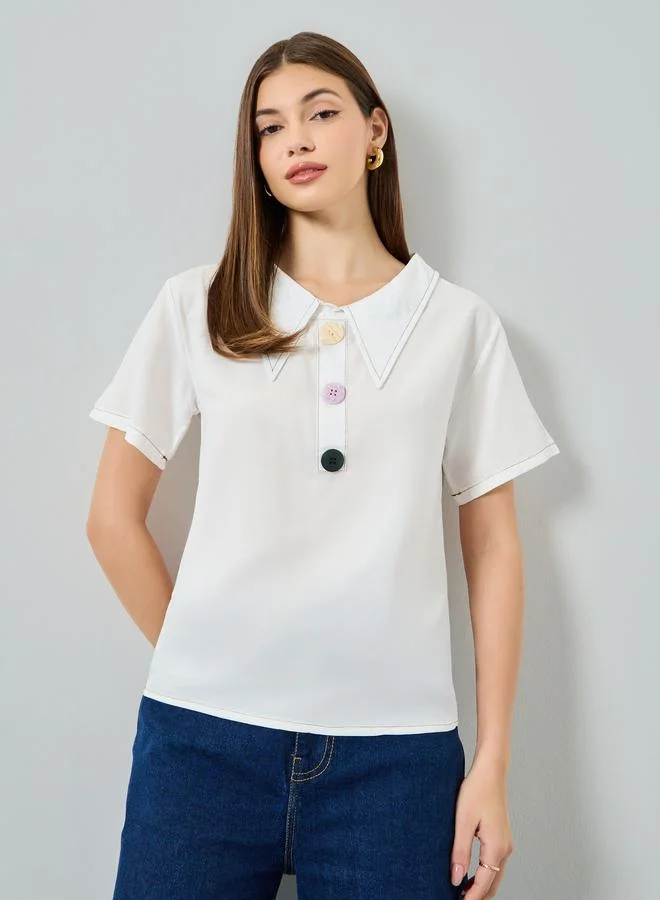Styli White Short Sleeve Top with Button Detail