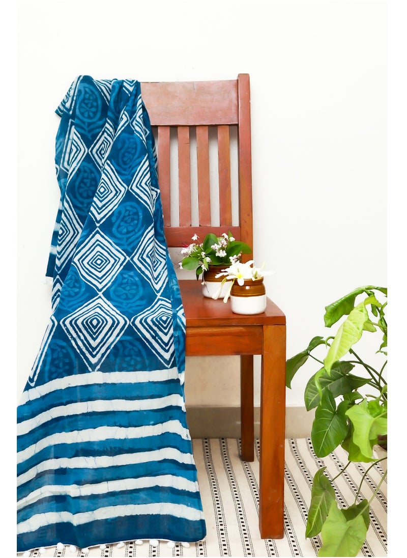 OJARIYA - Indigo Blue Hand Block Printed 100 Percent Breathable Soft Organic Cotton Scarf Hijab - Image 1