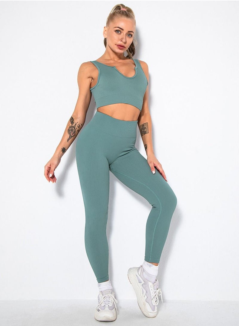 Loquat Solid V-neck Bra Tights Sports Set Blue - Image 1