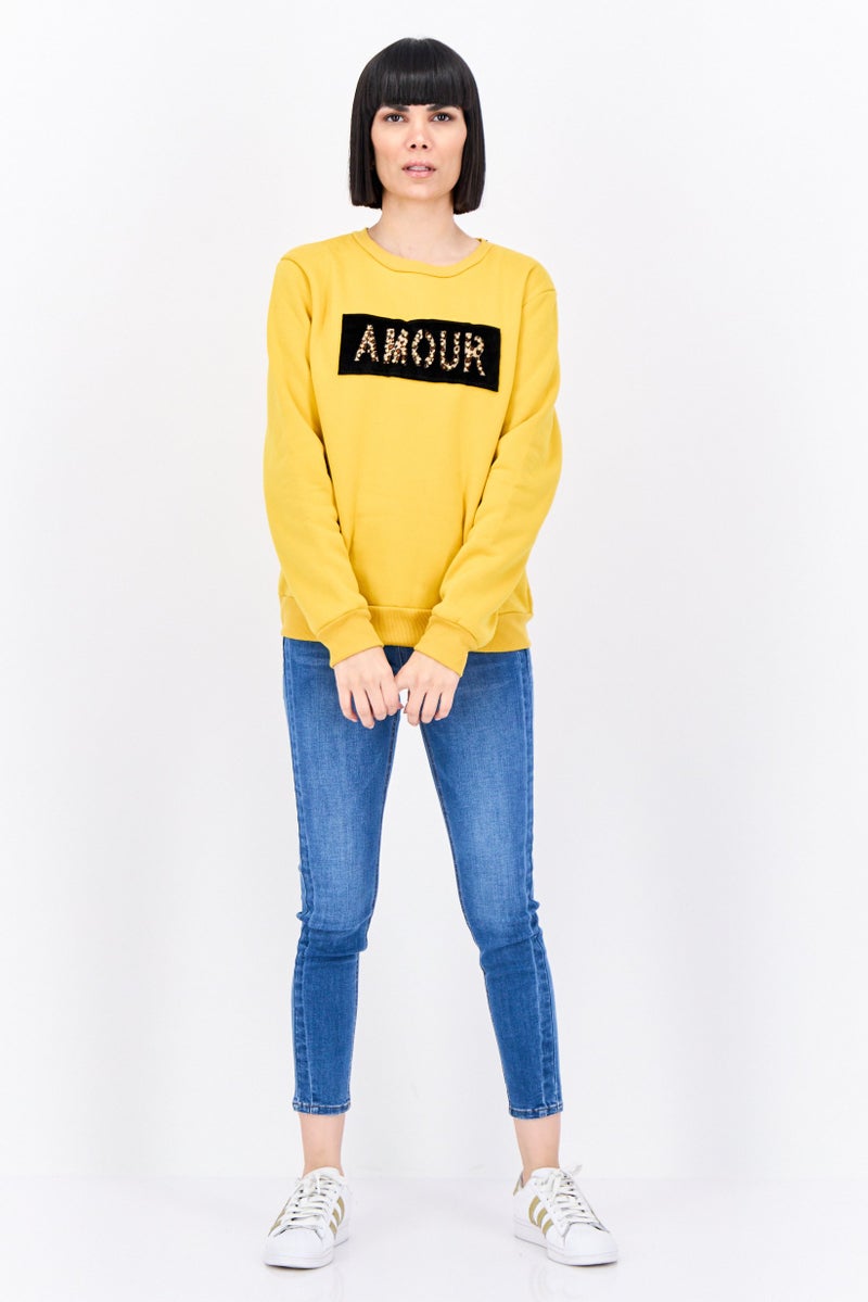 Buzz Women Crew Neck Textured Sweatshirt, Mustard - Image 4