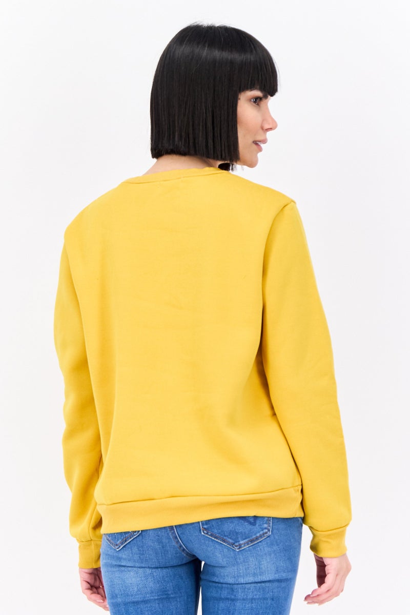 Buzz Women Crew Neck Textured Sweatshirt, Mustard - Image 2