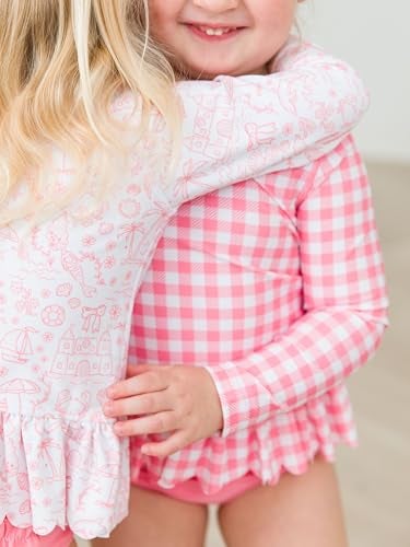RuffleButts BabyToddler Girls Scalloped Long Sleeve Rash Guard 2Piece UPF50 Sun Protected Swimsuit Bubblegum Pink Gingham 3T - Image 3