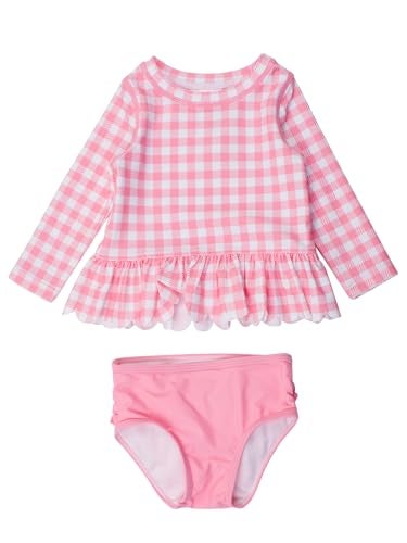 RuffleButts BabyToddler Girls Scalloped Long Sleeve Rash Guard 2Piece UPF50 Sun Protected Swimsuit Bubblegum Pink Gingham 3T - Image 1