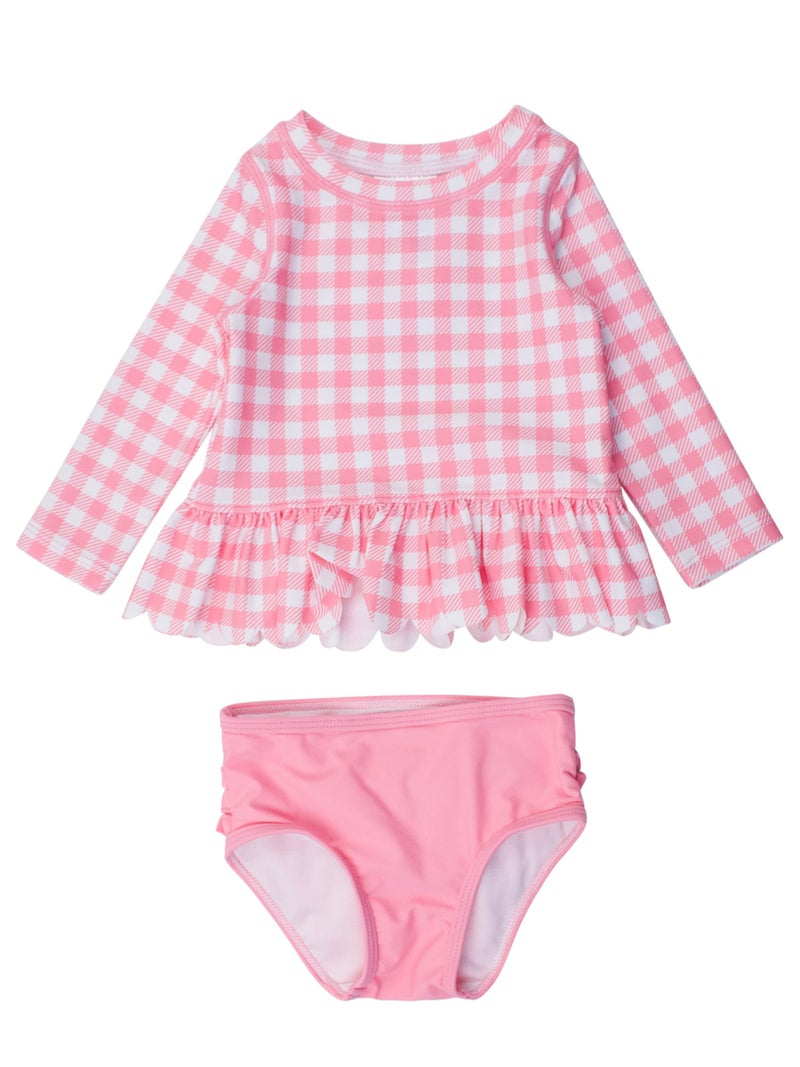 RuffleButts BabyToddler Girls Scalloped Long Sleeve Rash Guard 2Piece UPF50 Sun Protected Swimsuit Bubblegum Pink Gingham 3T - Image 2