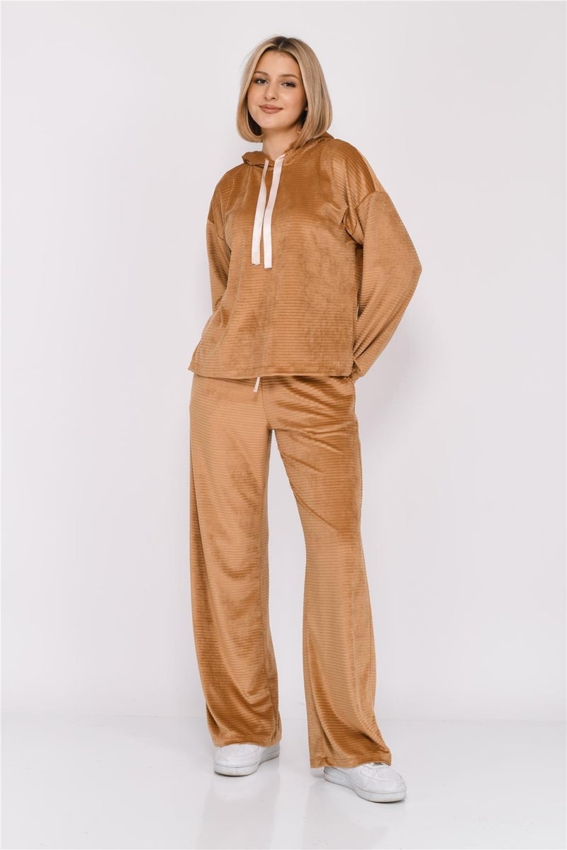 Nuseel Women's Corduroy Hooded Tracksuit Set Tan - Image 5