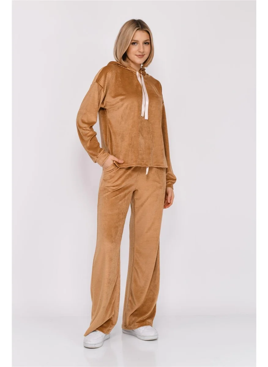 Nuseel Women's Corduroy Hooded Tracksuit Set Tan