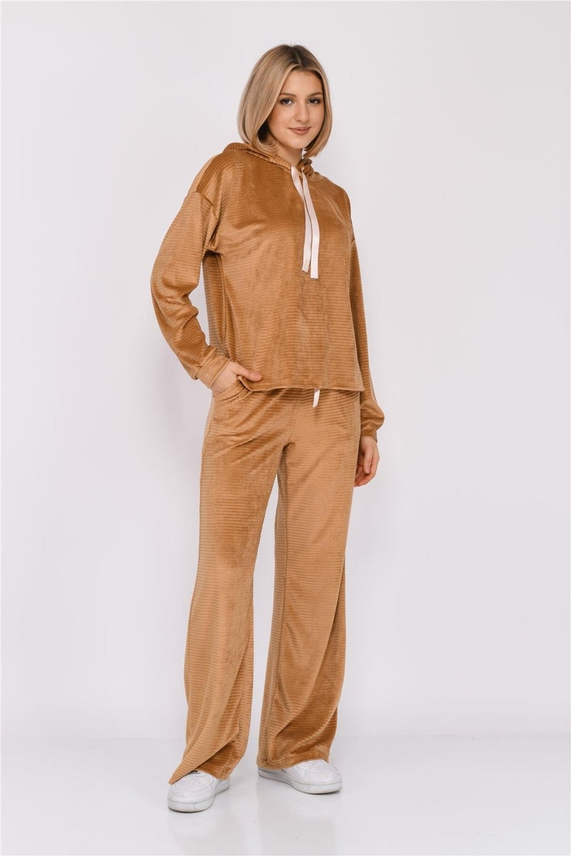 Nuseel Women's Corduroy Hooded Tracksuit Set Tan - Image 2