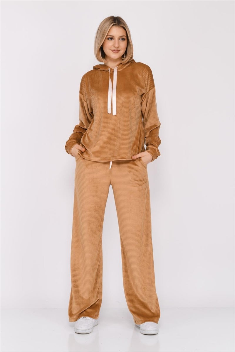 Nuseel Women's Corduroy Hooded Tracksuit Set Tan - Image 4