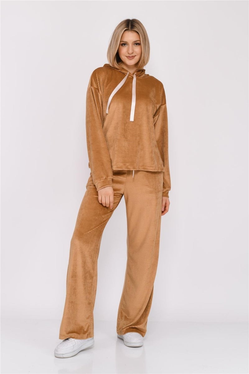 Nuseel Women's Corduroy Hooded Tracksuit Set Tan - Image 3