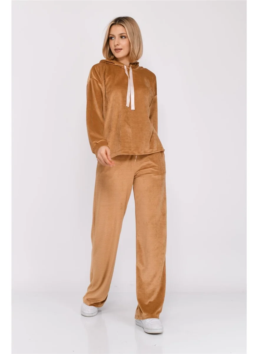 Nuseel Women's Corduroy Hooded Tracksuit Set Tan