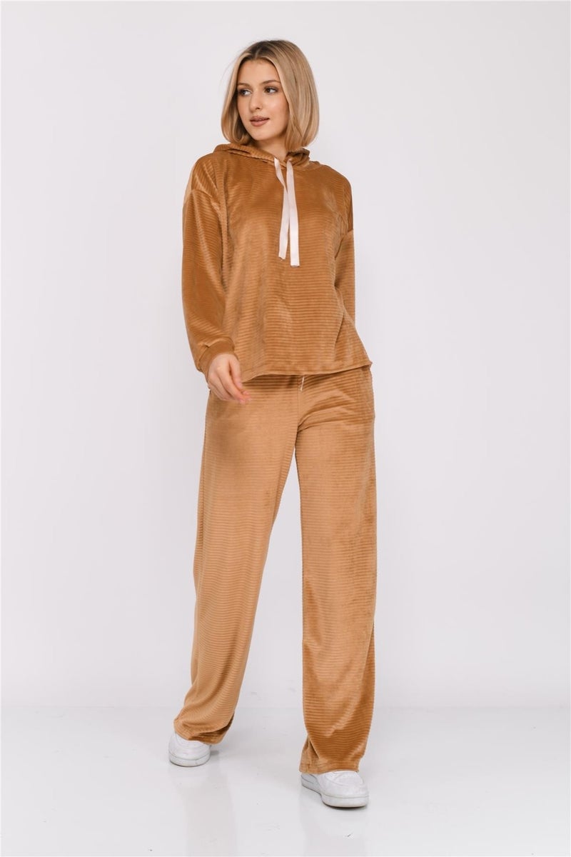 Nuseel Women's Corduroy Hooded Tracksuit Set Tan - Image 1