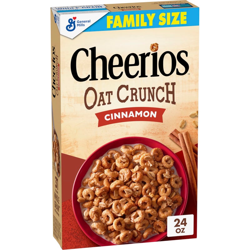Cheerios Oat Crunch Cinnamon Breakfast Cereal, Made with Whole Grain, Family Size, 24 oz - Image 1