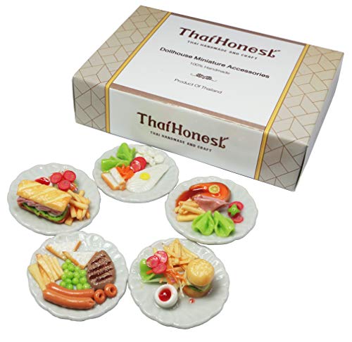 ThaiHonest 5 Pcs Dollhouse Miniature Food Set – Handmade Clay Salmon Steak, Burger, Subway & Beef Steak on Ceramic Plates (1.3 Inch, 1/6 Scale) for Dollhouse Kitchen, Table Décor & Collectibles - Image 2