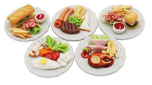 ThaiHonest 5 Pcs Dollhouse Miniature Food Set – Handmade Clay Salmon Steak, Burger, Subway & Beef Steak on Ceramic Plates (1.3 Inch, 1/6 Scale) for Dollhouse Kitchen, Table Décor & Collectibles - Image 1