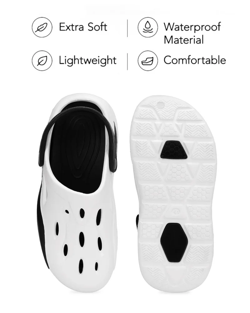 bewakoof  Men's White & Black Color Block Comfy Clogs  | Best Price UAE