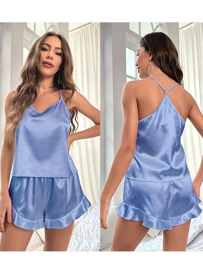 Loquat - Women's Solid Color 2-Piece Set Nightgown Sleepwear Camisole Tops And Shorts Soft Loungewear Pajamas  Suit  Light Blue - Image 1
