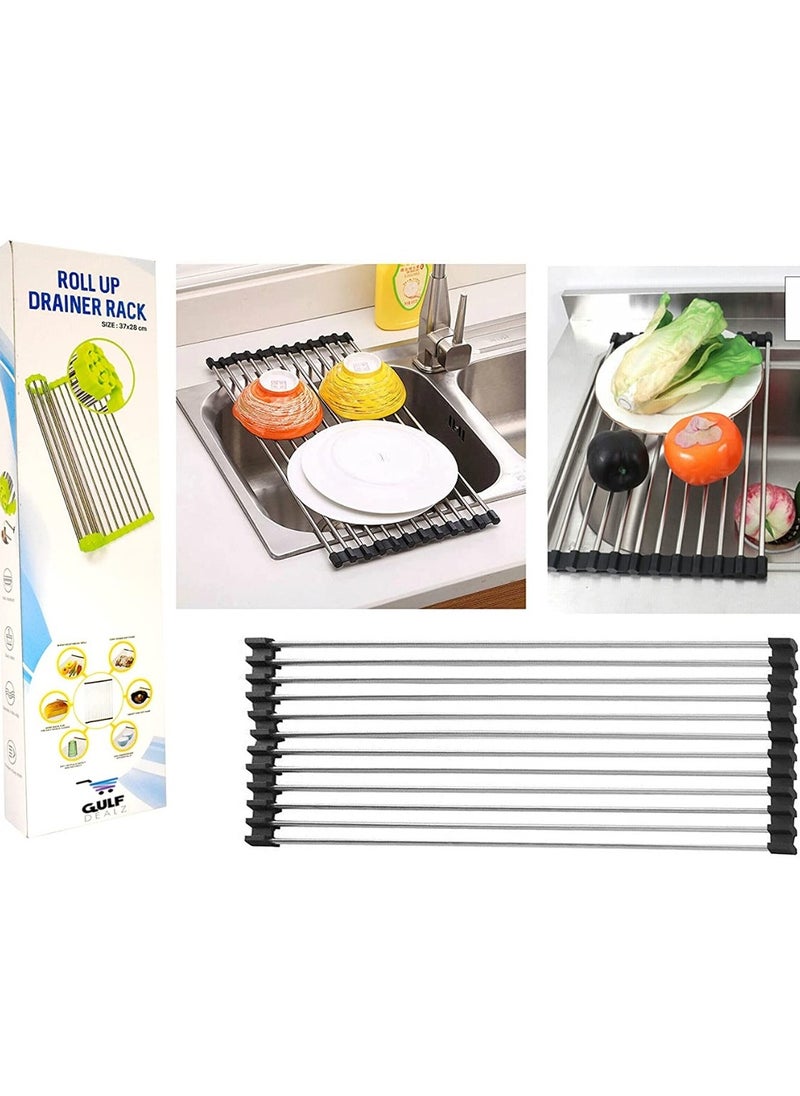 Gulfdealz - GulfDealz Kitchen Foldable Multipurpose Dish Drainer Over the Sink, Roll Up Dish Drying Rack(37x28 cm), Stainless Steel Material, Dish Holder, Kitchen Accessories, Model No. KDR003 - Black - Image 1