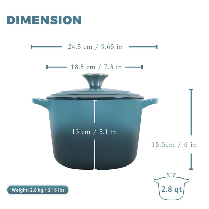 Flavehc Dutch Oven Pot with Lid 2.8 qt Cast Iron Dutch Oven for Bread Baking Slateblue Enameled Cast Iron Rice Pot with Handels - Image 4