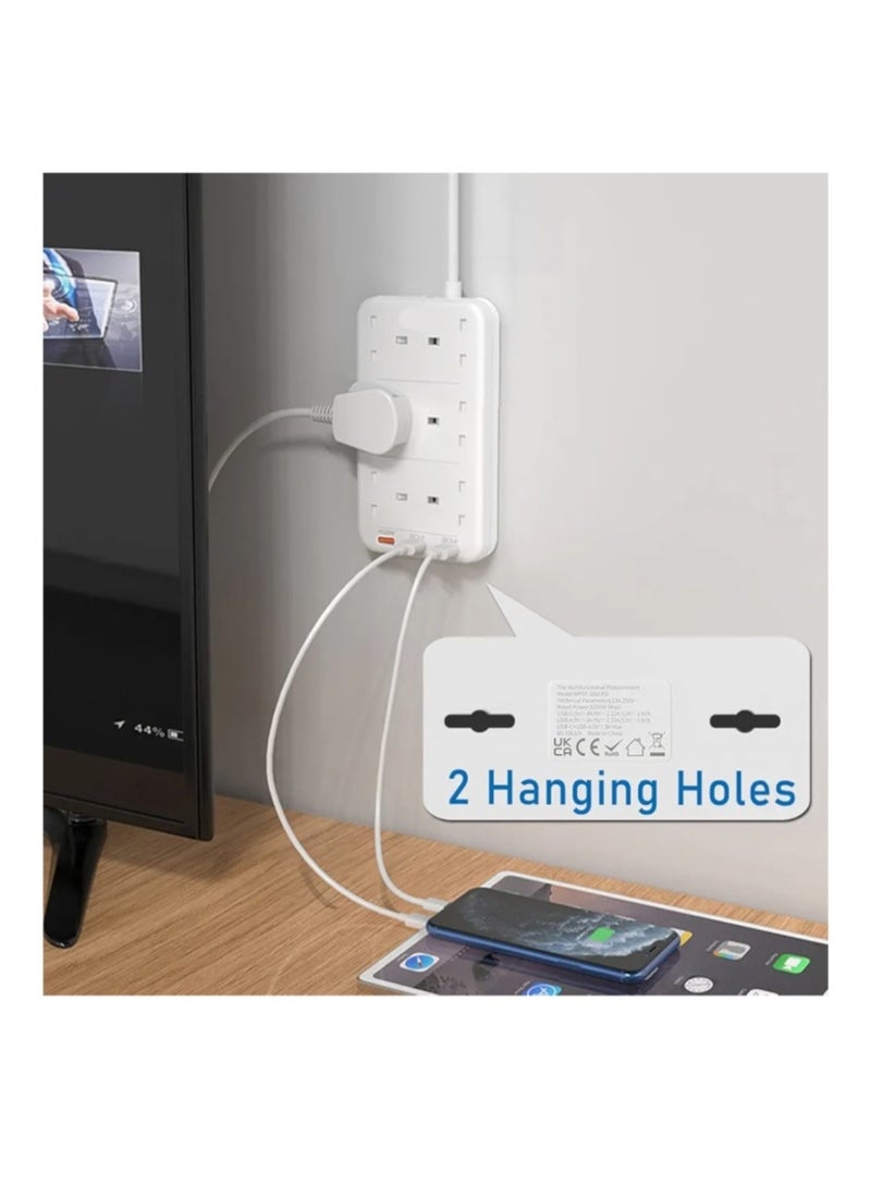 TIT Extension Cord 8 Way with USB C, Mione 3250W / 13A Power Socket with 3 Fast Charging USB Ports, UK Multi-Plug Extension Cord with Switch, Home Office Kitchen - Image 2