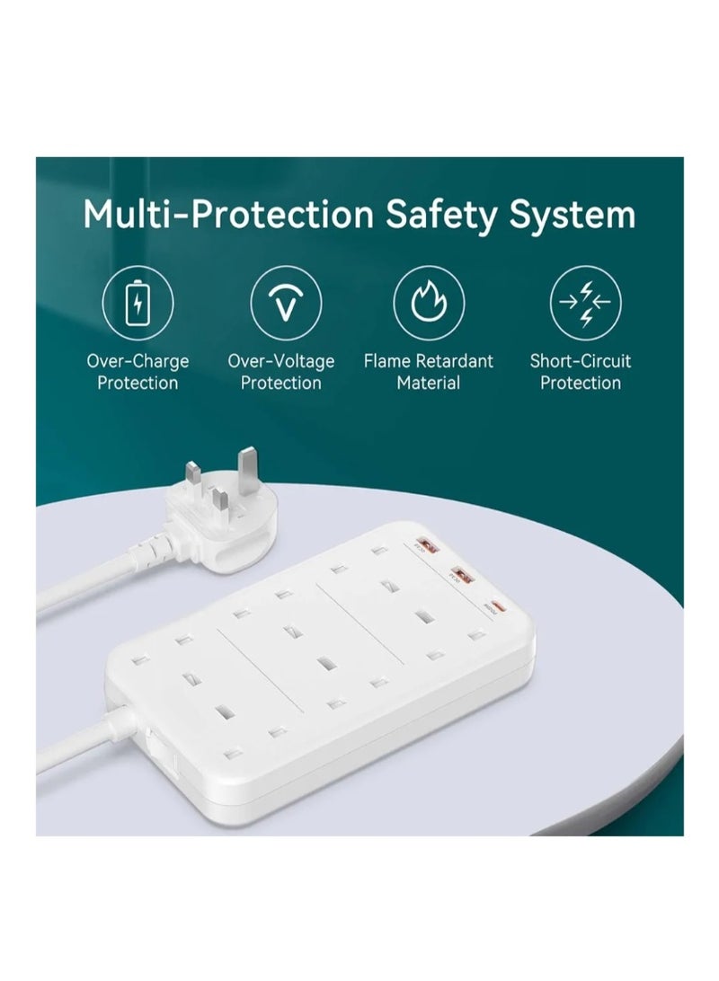 TIT Extension Cord 8 Way with USB C, Mione 3250W / 13A Power Socket with 3 Fast Charging USB Ports, UK Multi-Plug Extension Cord with Switch, Home Office Kitchen - Image 5