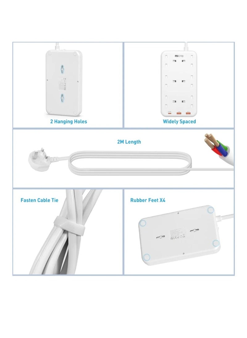 TIT Extension Cord 8 Way with USB C, Mione 3250W / 13A Power Socket with 3 Fast Charging USB Ports, UK Multi-Plug Extension Cord with Switch, Home Office Kitchen - Image 4